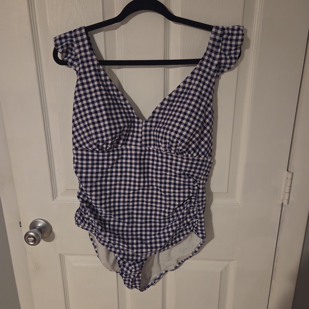 Kona Sol Blue and White Checkered One Piece Swimsuit